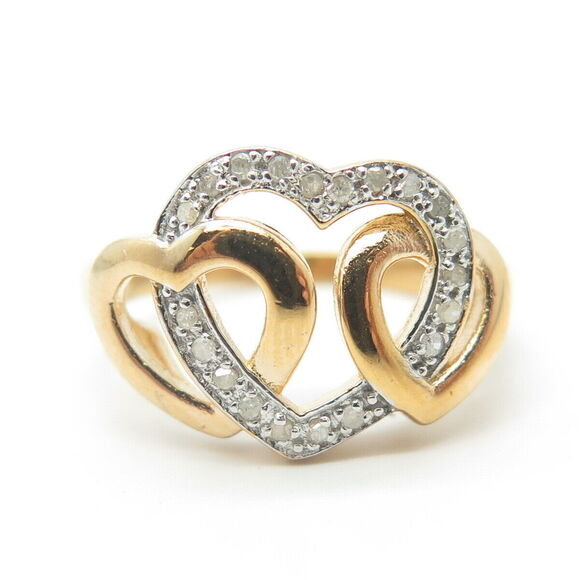 925 Sterling Silver Gold Plated Real Diamond Interlocked Hearts Ring Size 7.25 - Picture 3 of 9